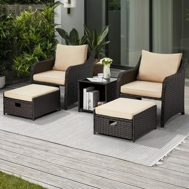 HOMREST 5 Piece Balcony Furniture, All Weather PE Wicker Rattan Patio Furniture Set, Cushioned Patio Chairs Set of 2 w/Ottoman&Table, Outdoor Lounge Chair for Lawn Pool Balcony, Khaki