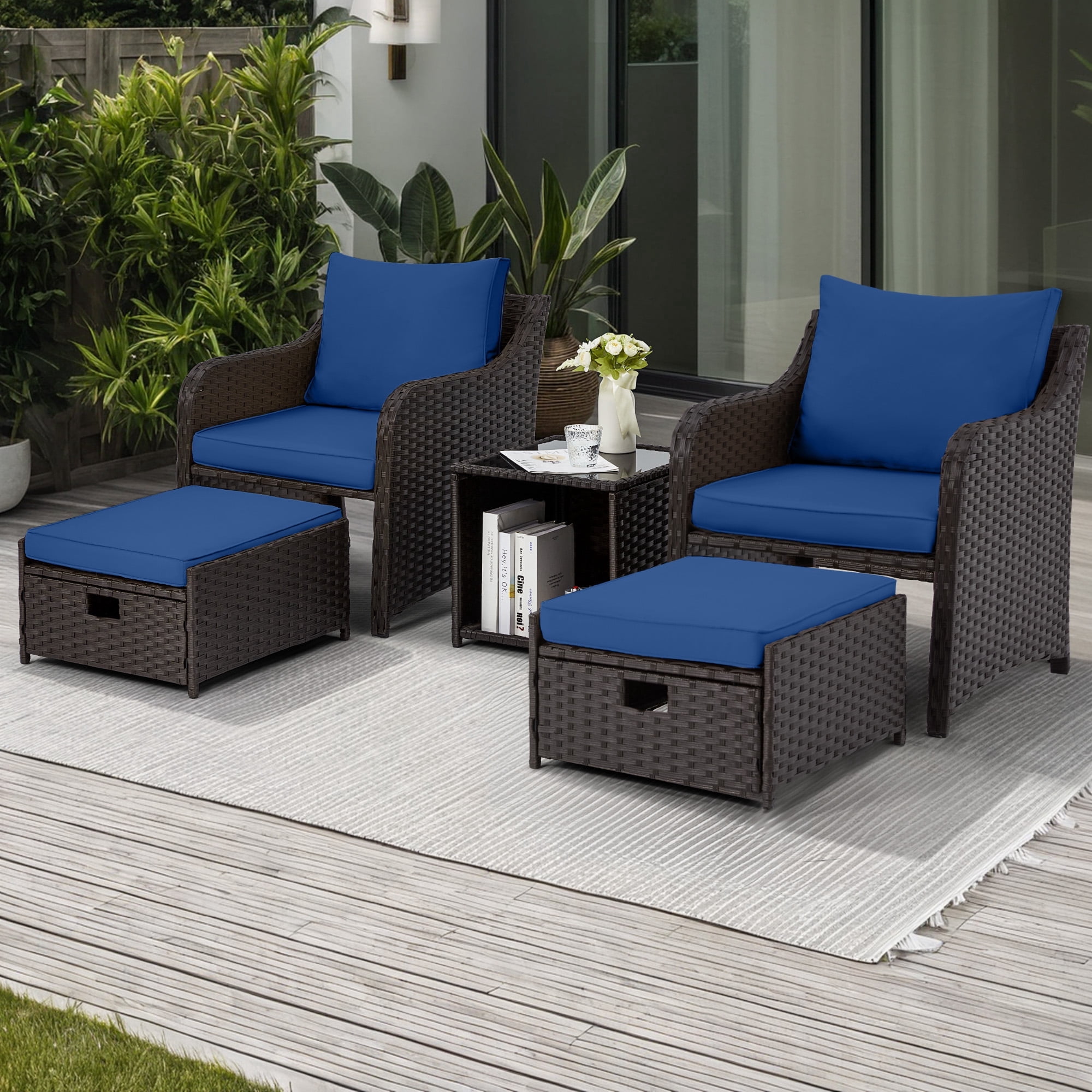 HOMREST 5 Piece Balcony Furniture, All Weather PE Wicker Rattan Patio Furniture Set, Cushioned Patio Chairs Set of 2 w/Ottoman&Table, Outdoor Lounge Chair for Lawn Pool Balcony, Navy Blue