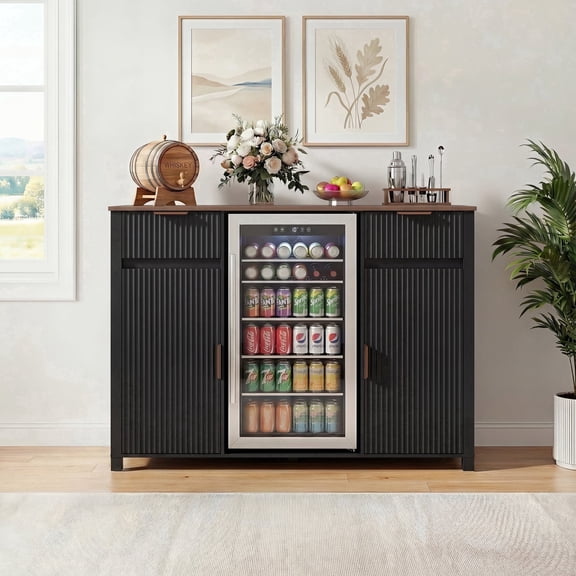 Vicluke 53" Large Coffee Bar Cabinet with Fridge Space & Power Outlet, Mini Fridge Cabinet with Drawer & Door Storage, Wine Bar & Buffet Sideboard for Kitchen and Dining Room, Liquor Cabinet, Black