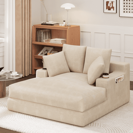 HOMREST 53 inch Oversized Chaise Lounge Chair Indoor,Boneless Couch Chair,Sleeper Sofa Bed,No Assembly Required Comfy Reading Chairs with 4 Pillows,Wide Armrest for Living roomBeige