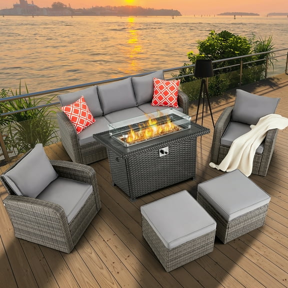 HOMREST 6 Pieces Patio Furniture Set with Fire Pit Table, Outdoor Sectional Sofa Conversation Set w/Cushions and Pillows, 50,000 BTU Auto-Ignition Gas Fire Table w/Wind Guard, CSA Certification