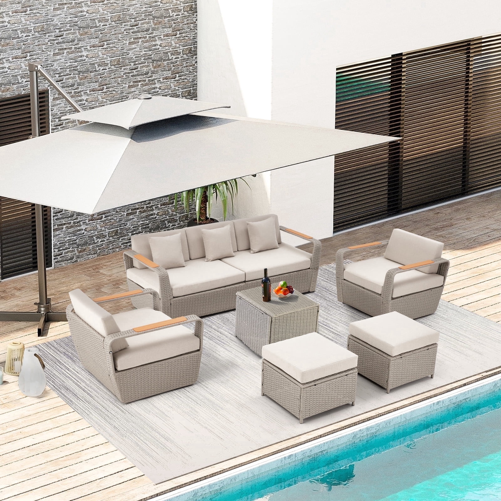 Homrest 6-Piece Rattan Outdoor Sectional Sofa Set with Coffee Table and Ottoman, Light Gray