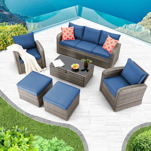 Homrest Patio Conversation Sets, 6-Piece All-Weather Wicker Outdoor Conversation Sets with Storage Glass Coffee Table and Ottomans, Navy