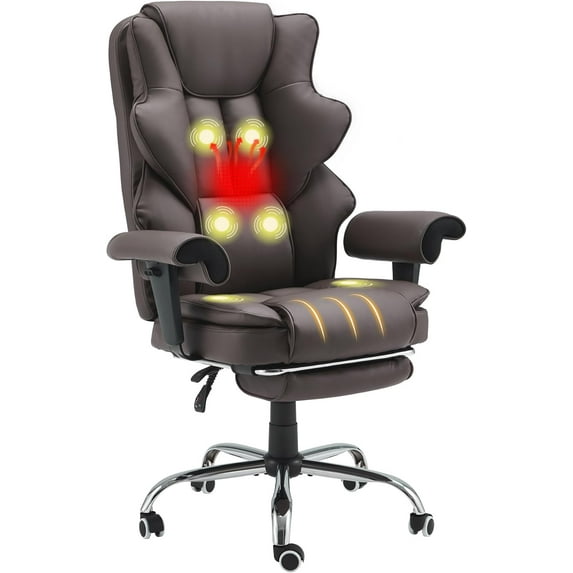 HOMREST 6-Point Massage Executive Chair, Ergonomic Heated Office Chair, Home Office Desk Chair with Adjustable Backrest and Armrests, Leather Computer Chair with Retractable Footrest(Brown)