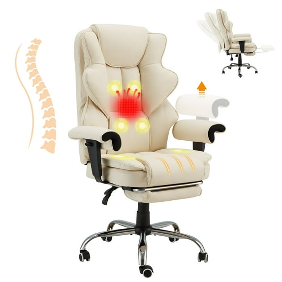 HOMREST 6-Point Massage Executive Chair,Heat Office Chair,Ergonomic Home Office Desk Chair with Retractable Footrest and Reclining Function,Leather Computer Chair with Adjustable Armrest(Off White)