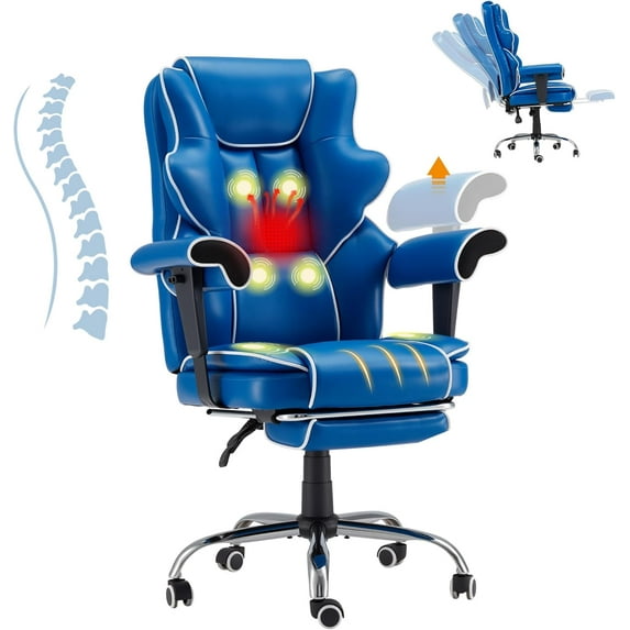 HOMREST 6-Point Massage Executive Chair,Heat Office Chair,Ergonomic Home Office Desk Chairs with Retractable Footrest and Reclining Function,Leather Computer Chair with Adjustable Armrest(Royal Blue)