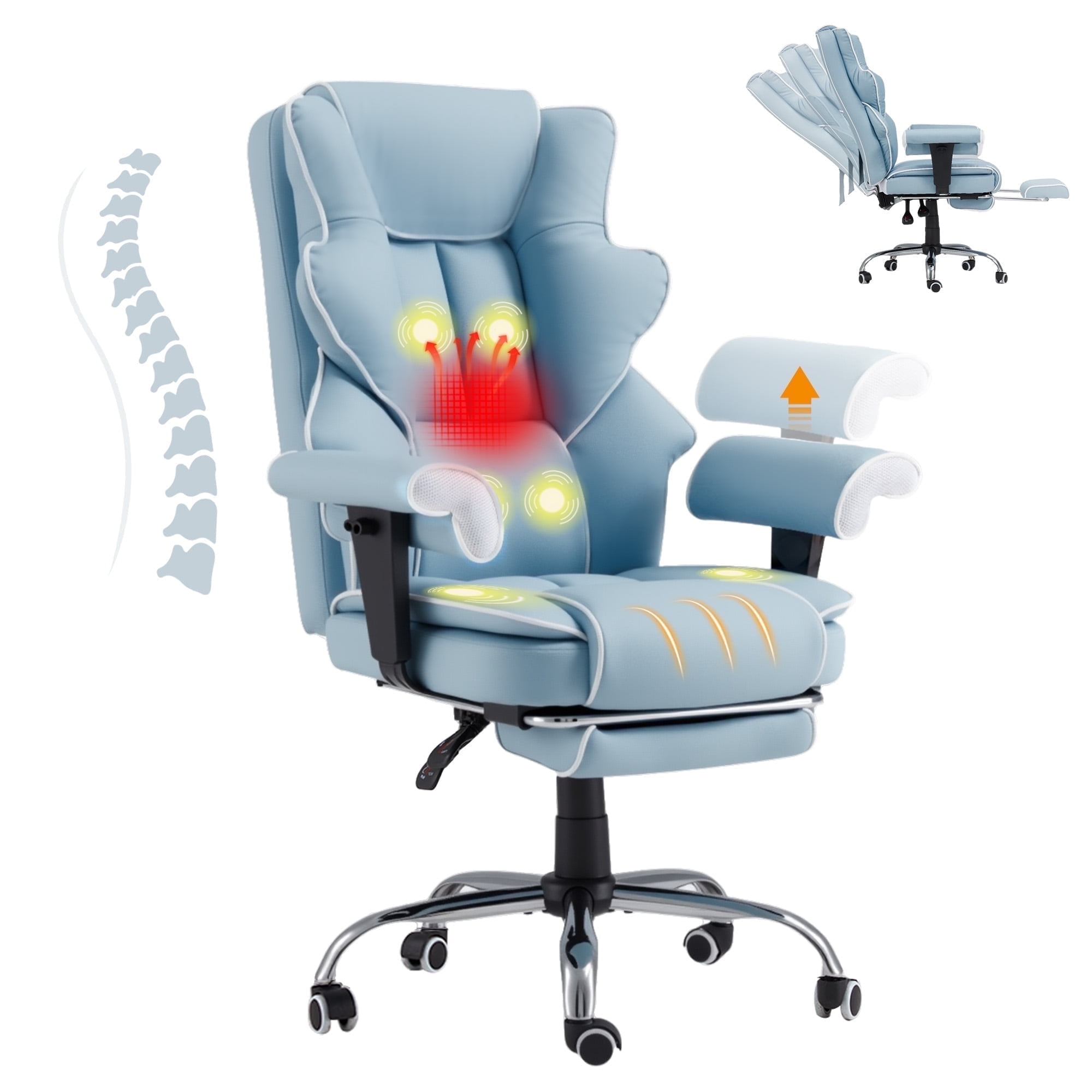 Homrest 6-Point Massage Executive Office Chair for Adults, Heated Ergonomic Home Desk Chair with Adjustable Footrest, Armrests & Backrest (Airy Blue)