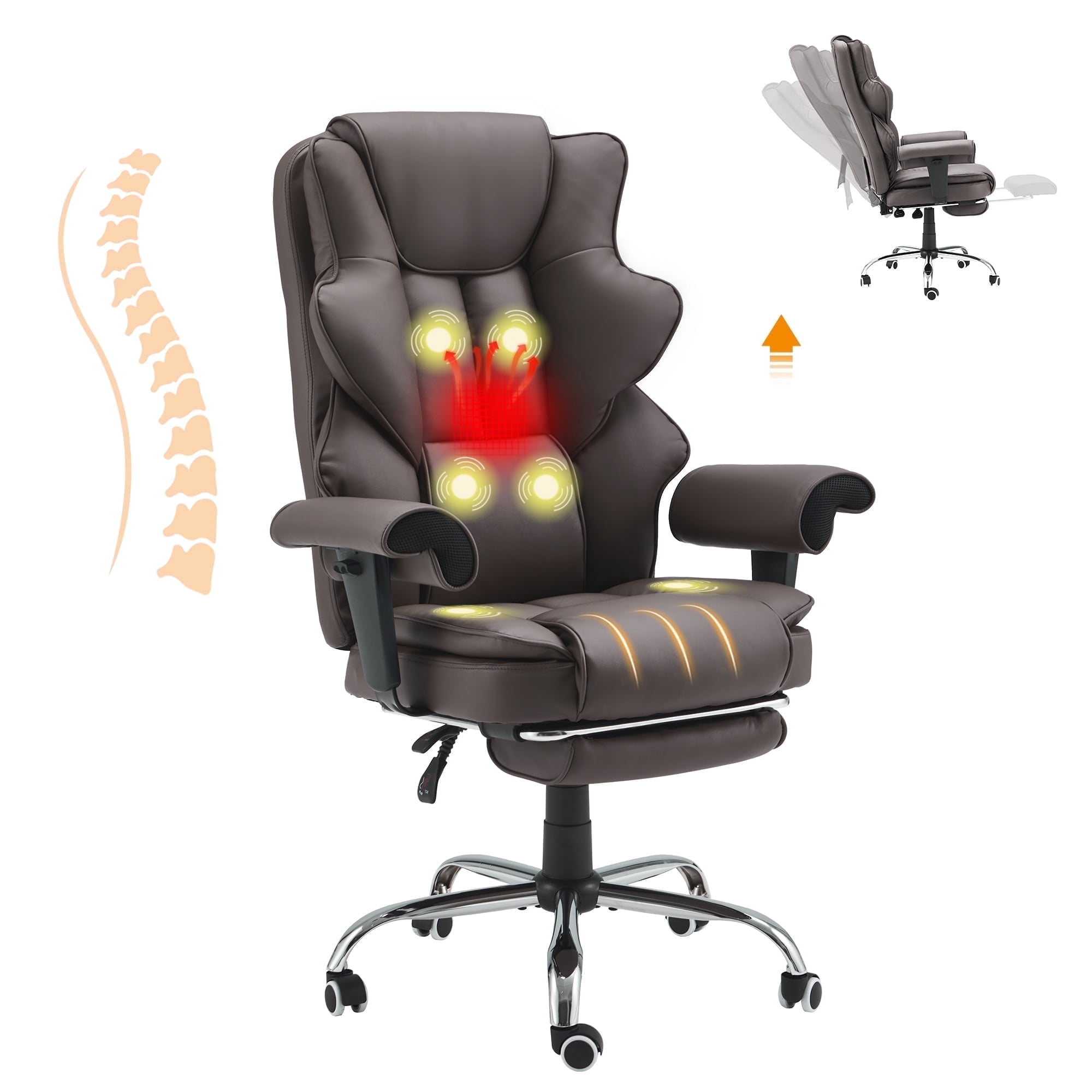Homrest 6-Point Massage Executive Office Chair for Adults, Heated Ergonomic Home Desk Chair with Adjustable Footrest, Armrests & Backrest (Brown)