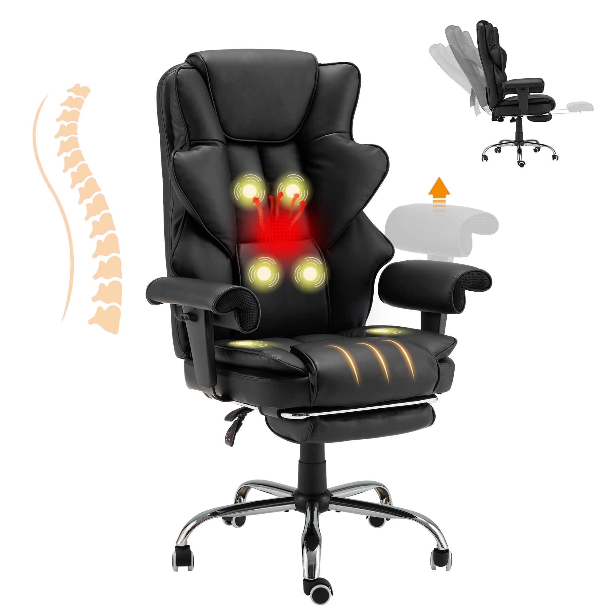 Homrest 6-Point Massage Executive Office Chair for Adults, Heated Ergonomic Home Desk Chair with Adjustable Footrest, Armrests & Backrest (Black)