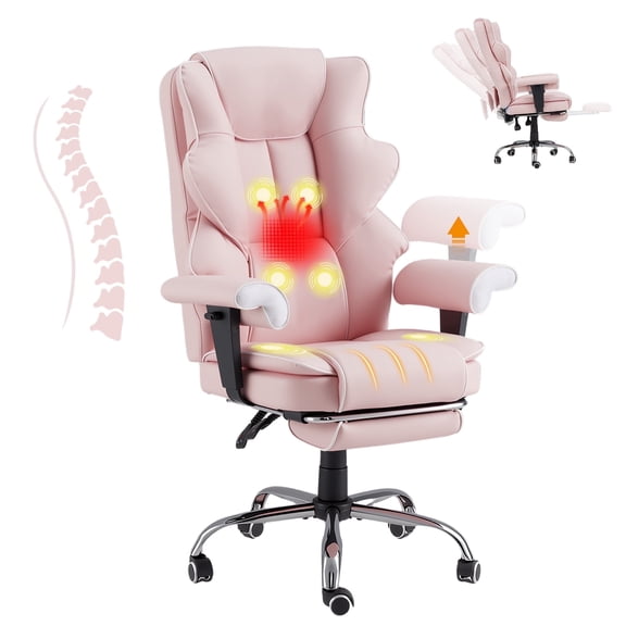 Homrest 6-Point Massage Executive Office Chair for Adults, Heated Ergonomic Home Desk Chair with Adjustable Footrest, Armrests & Backrest (Pink)