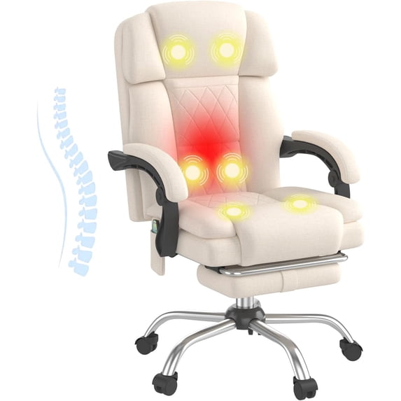 HOMREST 6-Point Massage Office Chair with Heat, Ergonomic Reclining Desk Chair with Footrest, Soft Chenille Fabric Executive Chairs for Home Office, Comfortable Computer Chair Gift for Women, Beige