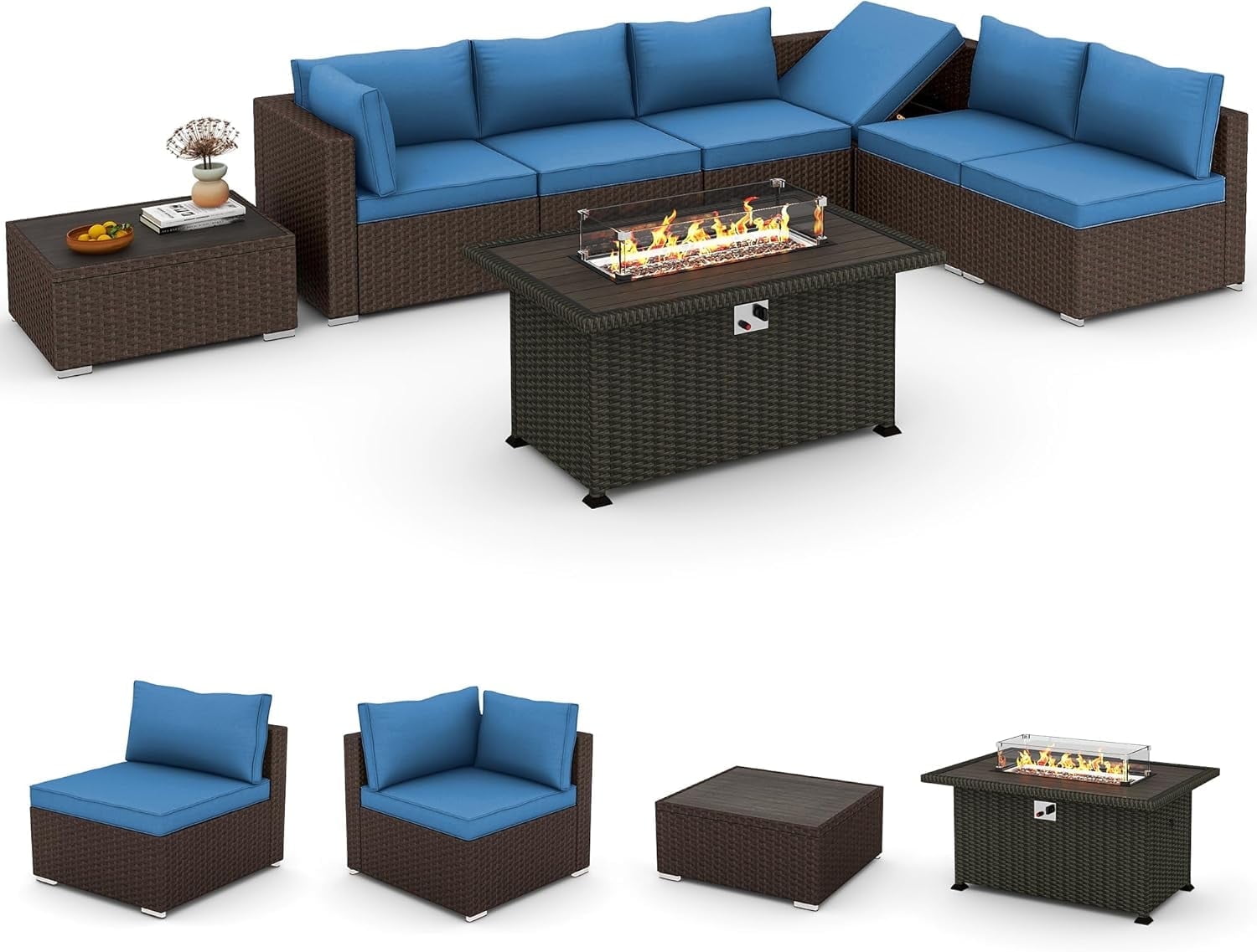 HOMREST 7-Piece PE Rattan Outdoor Patio Dining Set with Adjustable Bracket and Coffee Table, Blue