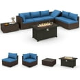 thumbnail image 1 of HOMREST 7-Piece PE Rattan Outdoor Patio Dining Set with Adjustable Bracket and Coffee Table, Blue, 1 of 10