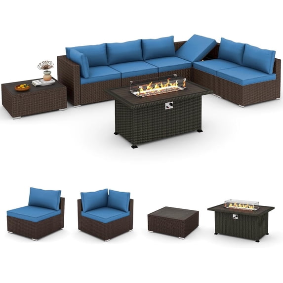 HOMREST 7-Piece PE Rattan Outdoor Patio Dining Set with Adjustable Bracket and Coffee Table, Blue