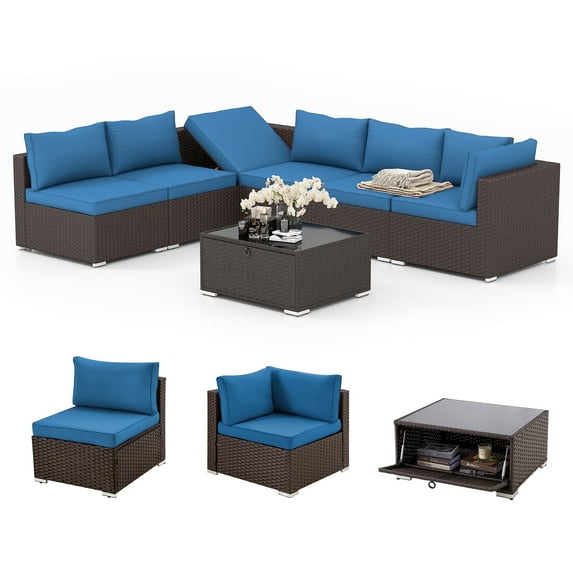 HOMREST 7-Piece Rattan Wicker Outdoor Sectionals with Adjustable Bracket, Blue