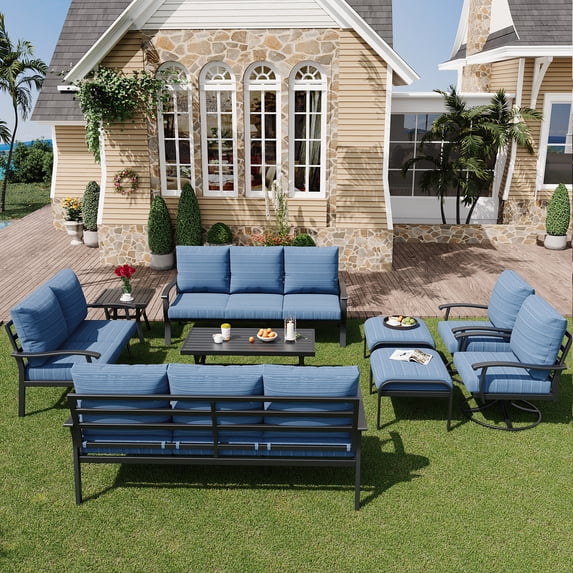 HOMREST 9 PCS Outdoor Patio Furniture Set with 2 Swivel Rocking Chairs and Metal Coffee Side Table, Patio Conversation Set with 2 Ottomans and 2 3-Seat Sofas, Loveseat for Big Garden, Deck, Poolside
