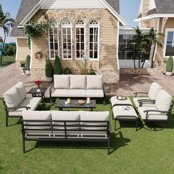 HOMREST 9 PCS Outdoor Patio Furniture Set with 2 Swivel Rocking Chairs and Metal Coffee Side Table, Patio Conversation Set with 2 Ottomans and 2 3-Seat Sofas, Loveseat for Big Garden, Deck, Poolside