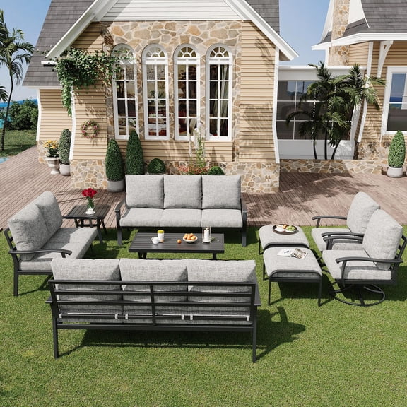 HOMREST 9 PCS Outdoor Patio Furniture Set with 2 Swivel Rocking Chairs and Metal Coffee Side Table, Patio Conversation Set with 2 Ottomans and 2 3-Seat Sofas, Loveseat for Big Garden, Deck, Poolside