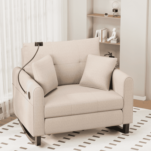HOMREST Adult Double Wide Rocker Glider with Phone Handle and USB, Beige