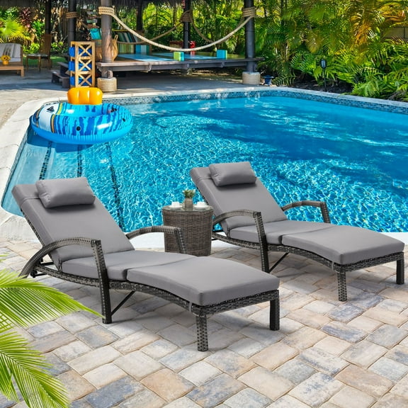 HOMREST Chaise Lounge Chairs Set of 2 for Outside, Adjustable 5 Position Outdoor PE Rattan Wicker Patio Pool Lounge Chair with Arm, Cushion, Pillow and Wheels for Poolside Backyard Deck Porch,Grey