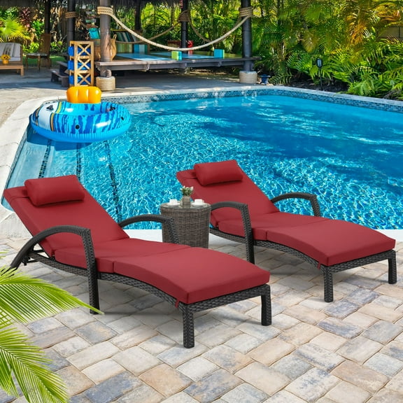 HOMREST Chaise Lounge Chairs Set of 2 for Outside, Adjustable 5 Position Outdoor PE Rattan Wicker Patio Pool Lounge Chair with Arm, Cushion and Wheels for Poolside Backyard Porch,Burgundy