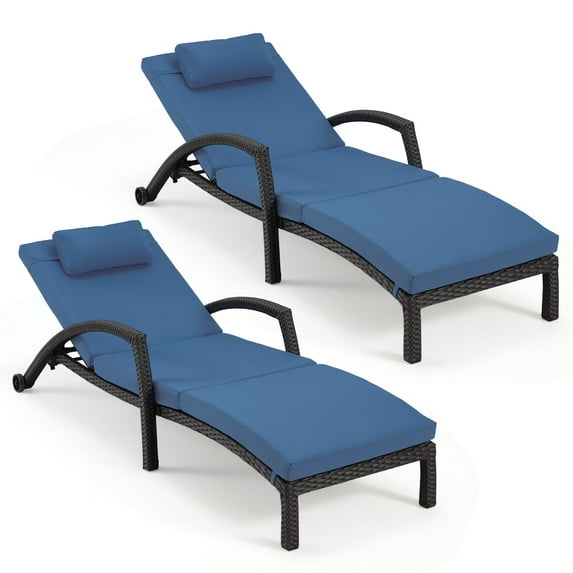 HOMREST Chaise Lounge Chairs Set of 2 for Outside, Adjustable 5 Position Outdoor PE Rattan Wicker Patio Pool Lounge Chair with Arm, Cushion and Wheels for Poolside Backyard Deck Porch,Navy Blue