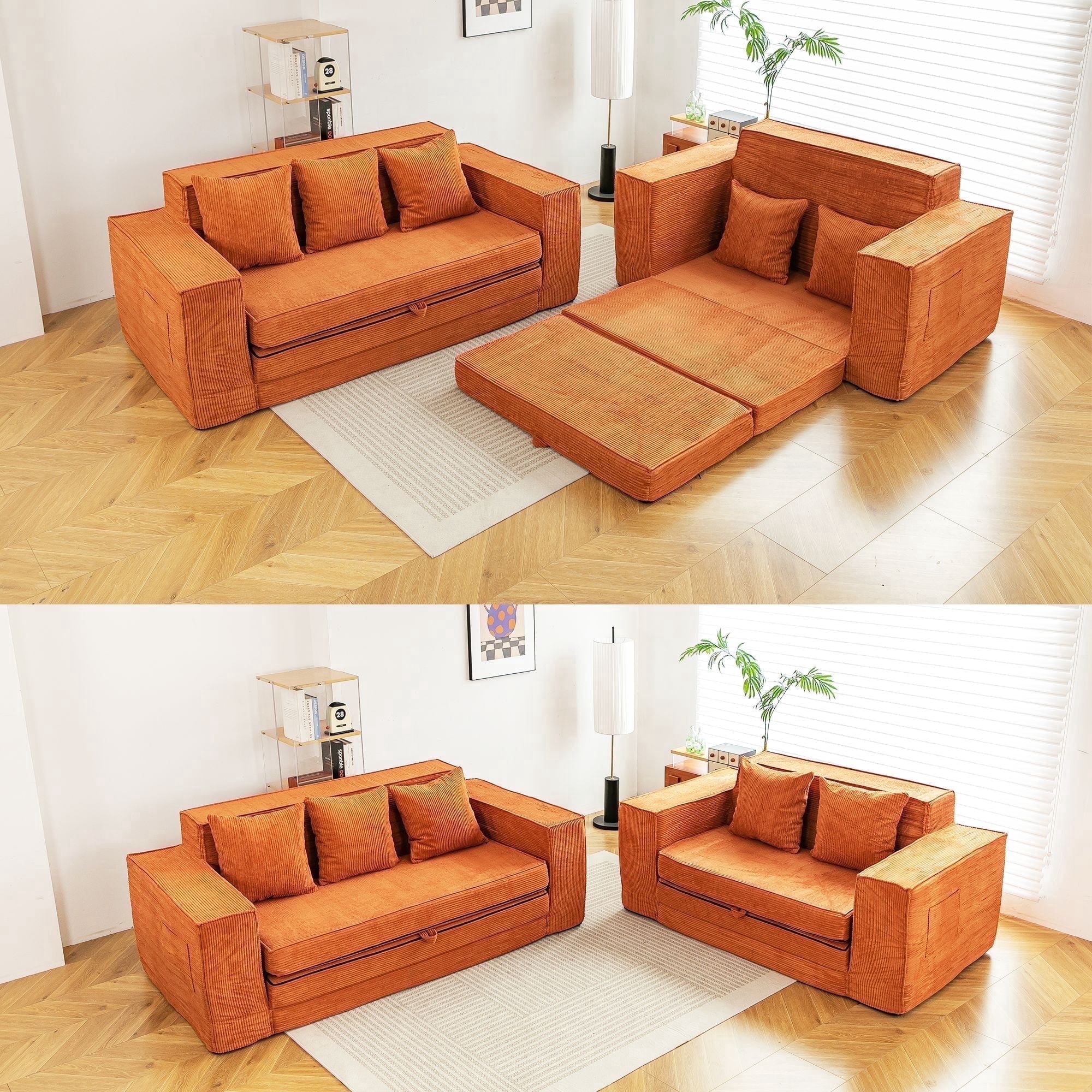 Vicluke Convertible Memory Foam 3-seat Sofa & Loveseat, Pull Out Sleeper Sofa Bed, 2 in 1 Folding Couch Bed, Fold Out Floor Couch Corduroy Fabric with Pillows for Living Room Bedroom Lounge(Tan)