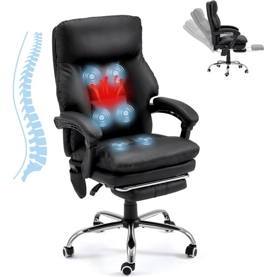 HOMREST Ergonomic Office Chair with 6-Point Massage & Heating, Adjustable Executive Desk Chair with Retractable Footrest, PU Leather Home Office Desk Chair for Home & Office (Black)