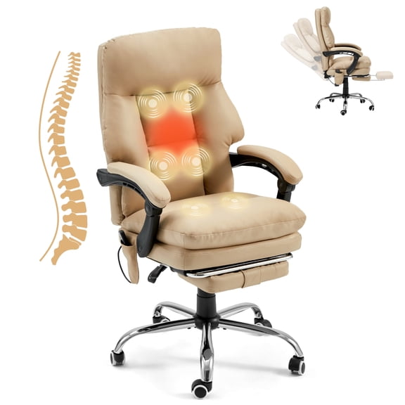 HOMREST Ergonomic Office Chair with 6-Point Massage and Heating, Adjustable Executive Chair with Retractable Footrest, PU Leather Computer Chair for Home and Office (Khaki)