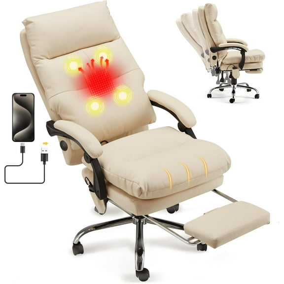HOMREST Executive Office Chair, PU Leather Reclining Office Chair with USB and Massage, Heated Office Chair with Footrest, Ergonomic Chairs for Home Office, College Dorm, Beige