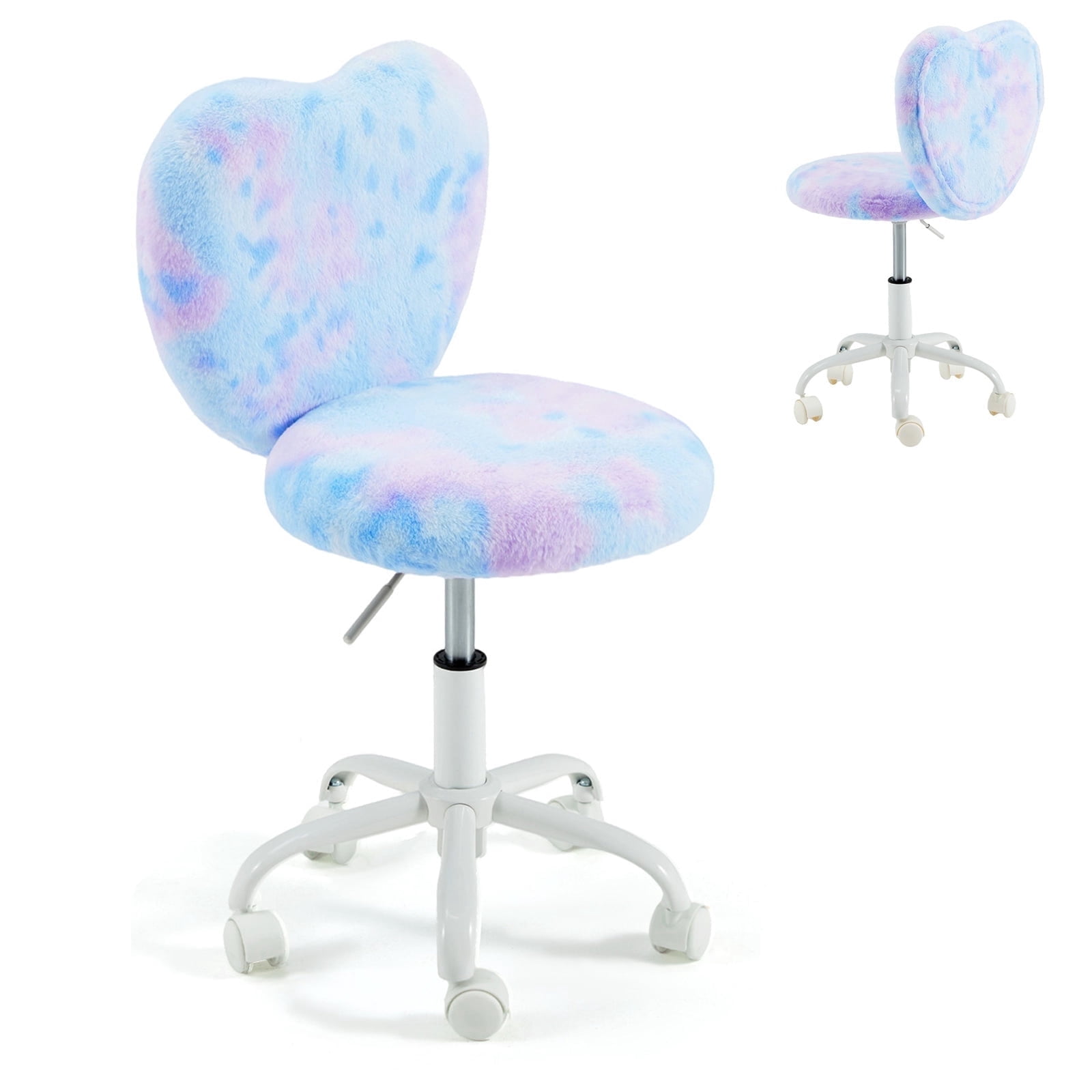 HOMREST Kids Desk Chair with Wheels, Cute Fluffy Desk Chair for Girls with Heart-Shaped Back, Adjustable Seat Height, Suitable for Bedroom & Reading Room, Dreamy Blue
