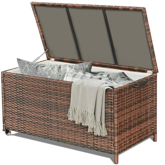 HOMREST Large Deck Box, Outdoor Wicker Storage Container with 70 Gallon, Patio Rattan Furniture for Garden Tools, Pillows, Pool, Brown