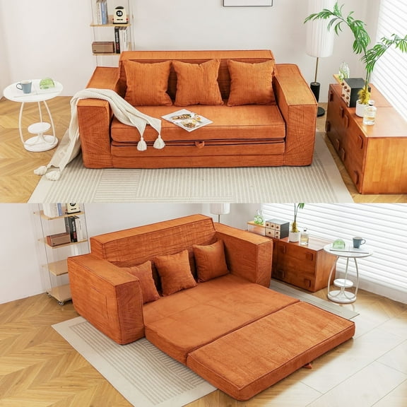 Vicluke Memory Foam 3 Seater Sofa Couch, Convertible Sleeper Sofa Bed w/Corduroy Fabric, Side Pockets, Foldable Upholstered Compressed Sofa Bed for Living Room, Apartment No Assembly Required (Tan)