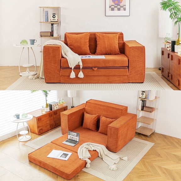 Vicluke Memory Foam Corduroy Fabric Upholstered Convertible Sleeper and Side Pockets Loveseat Sleeper Sofa Bed, Tan