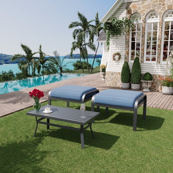 HOMREST Metal Outdoor Ottoman, 3-Piece Aluminum Footstool w/Removable Cushion, Multipurpose Footrest Stool with Coffee Side Table Additional Seating, Set of 3 Outdoor Ottomans for Patio Deck (Blue)