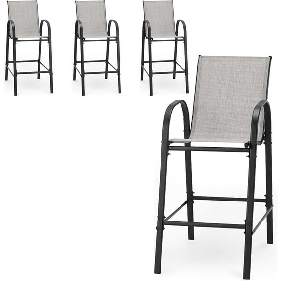 HOMREST Outdoor Bar Height Stools Set of 4,High Back Patio Chairs with Armrests,Textilene Chairs with Breathable Fabric & Metal Frame for All Weather,Light Grey