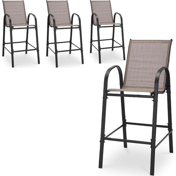 HOMREST Outdoor Bar Height Stools Set of 4,High Back Patio Chairs with Armrests,Textilene Chairs with Breathable Fabric & Metal Frame for All Weather,Taupe