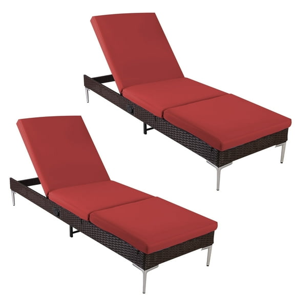 HOMREST Outdoor Chaise Lounge Chair Set of 2, Patio Wicker Lounge Chair with Adjustable Backrest, Rattan Pool Sunbathing Lounge Chair Suitable for Outside with Removable Cushion (Burgundy)