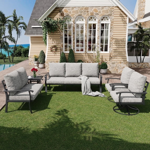 HOMREST Outdoor Furniture Thickened Cushion 360 Degree Swivel Rocking Patio Chairs and 3-Seat Sofa, Loveseat, Coffee Table, 5 PCS Metal Conversation Set for Garden, Deck and Poolside