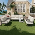 thumbnail image 1 of HOMREST Outdoor Furniture Thickened Cushion 360 Degree Swivel Rocking Patio Chairs and 3-Seat Sofa, Loveseat, Coffee Table, 5 PCS Metal Conversation Set for Garden, Deck and Poolside, 1 of 9