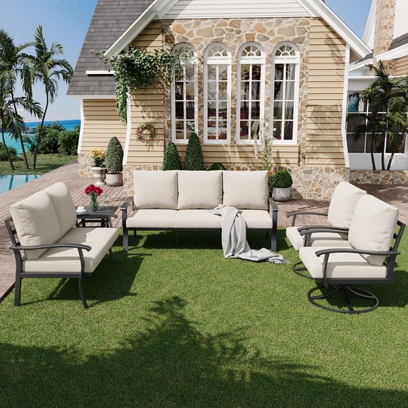 HOMREST Outdoor Furniture Thickened Cushion 360 Degree Swivel Rocking Patio Chairs and 3-Seat Sofa, Loveseat, Coffee Table, 5 PCS Metal Conversation Set for Garden, Deck and Poolside