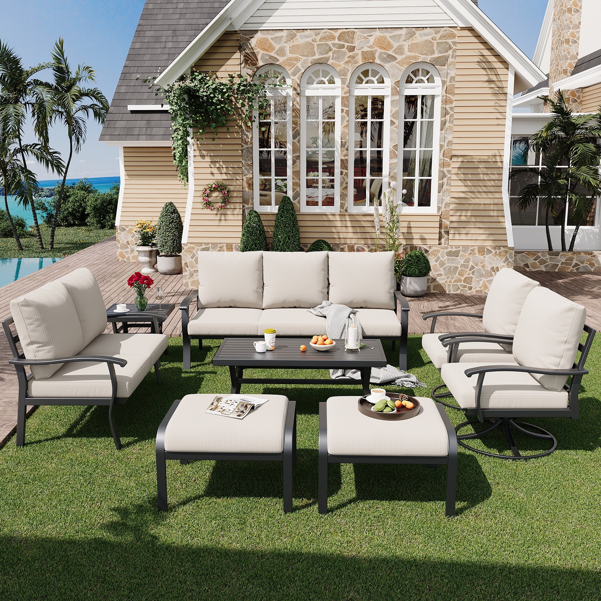 HOMREST Outdoor Furniture Thickened Cushion 360 Degree Swivel Rocking Patio Chairs with Ottomans and 3-Seat Sofa, Loveseat, Coffee Side Table, 8 PCS Metal Conversation Set for Garden, Deck, Poolside