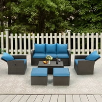 HOMREST Outdoor Patio Funiture Set, 6 Piece Wicker Rattan Sofa Modern High Back Seating with Recliner Chairs 2 Ottomans Storage Table , All Weather Cushions (Blue)