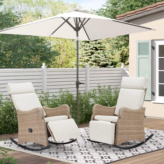 HOMREST Outdoor Recliner for Patio Set of 2, Wicker Reclining Patio Chair with 150°Adjustable Back & Extended Footrest & Removable Cushion for Garden, Light Grey