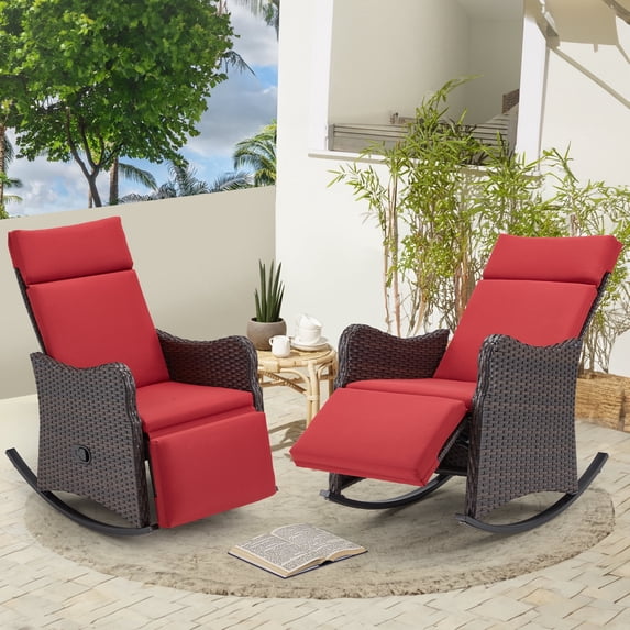 HOMREST Outdoor Recliner Set of 2, Wicker Reclining Patio Chair with 150°Adjustable Backrest & Extended Footrest & Removable Cushion for Garden, Burgundy