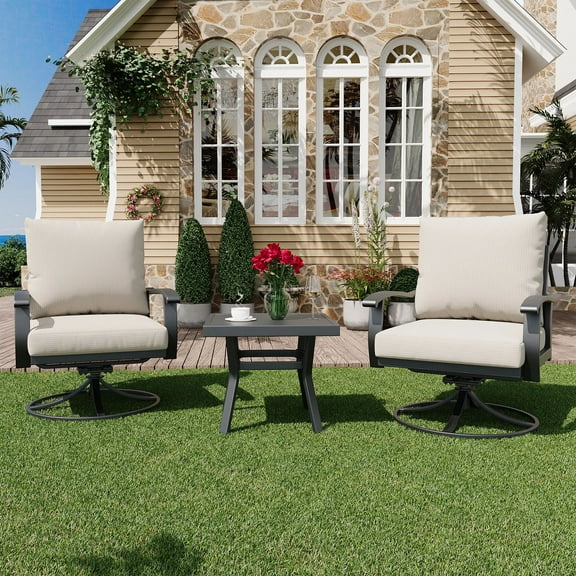 HOMREST Outdoor Swivel Rocker Patio Chairs with Coffee Table 3 PCS Bistro Set, 360 Degree Swivel Rocking Chair Patio Conversation Set with Thickened Cushions for Garden, Deck and Poolside