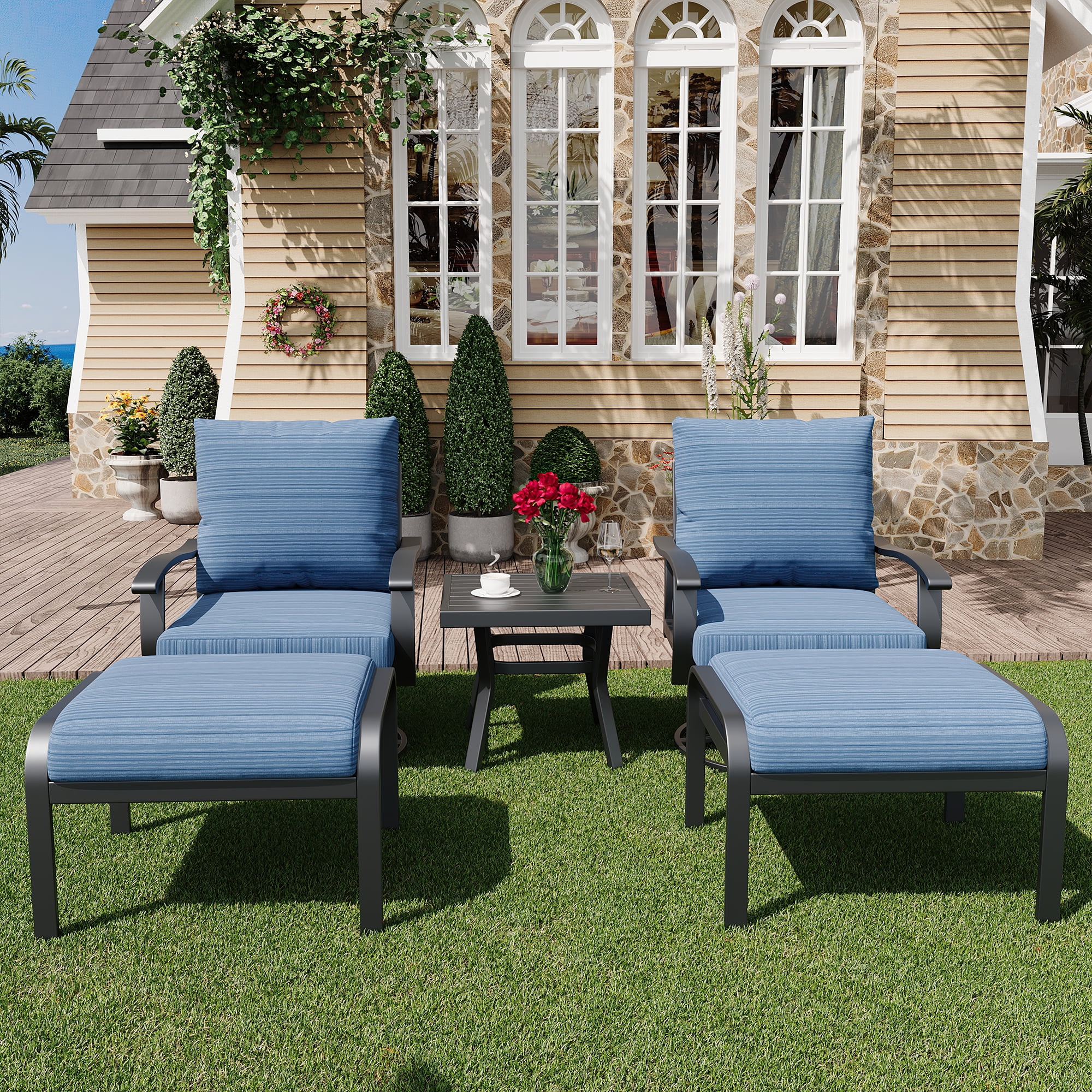 HOMREST Outdoor Swivel Rocker Patio Chairs with Ottomans and Coffee Table 5 PCS Bistro Set, 360 Degree Swivel Rocking Chair Patio Conversation Set with Thickened Cushion for Garden, Deck and Poolside