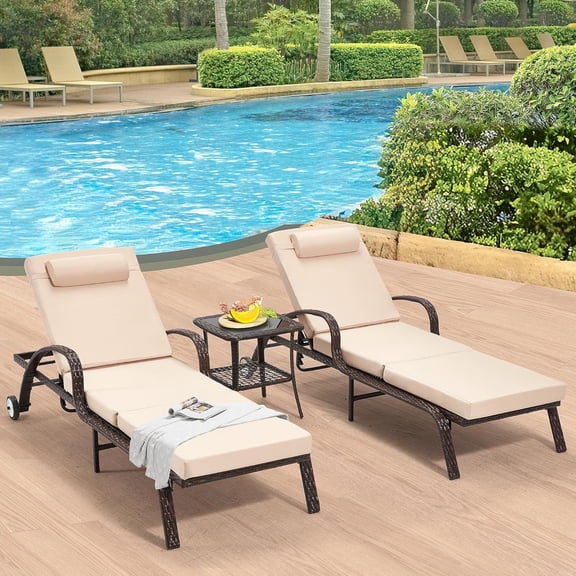 HOMREST Outdoor Wicker Lounge Chair Set (2-Piece), 5-Position Adjustable PE Wicker Patio Pool Lounge Chair with Armrests, Cushion & Casters for Poolside, Backyard & Porch, Khaki