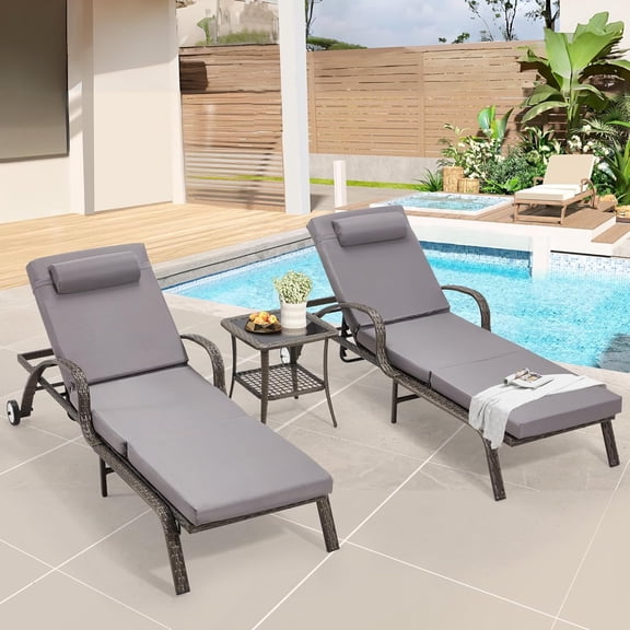 HOMREST Outdoor Wicker Lounge Chair Set (2-Piece), 5-Position Adjustable PE Wicker Patio Pool Lounge Chair with Armrests, Cushion & Casters for Poolside, Backyard & Porch, Gray