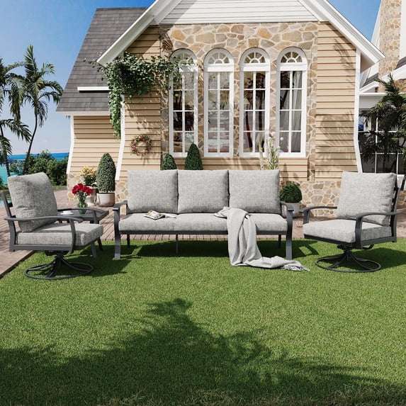 HOMREST Patio Furniture Sets 4 PCS Outdoor Metal Conversation Sets, 360 Degree Swivel Rocking Chairs Patio Conversation Set with Coffee Table and 3-Seat Sofa for Garden, Deck and Poolside